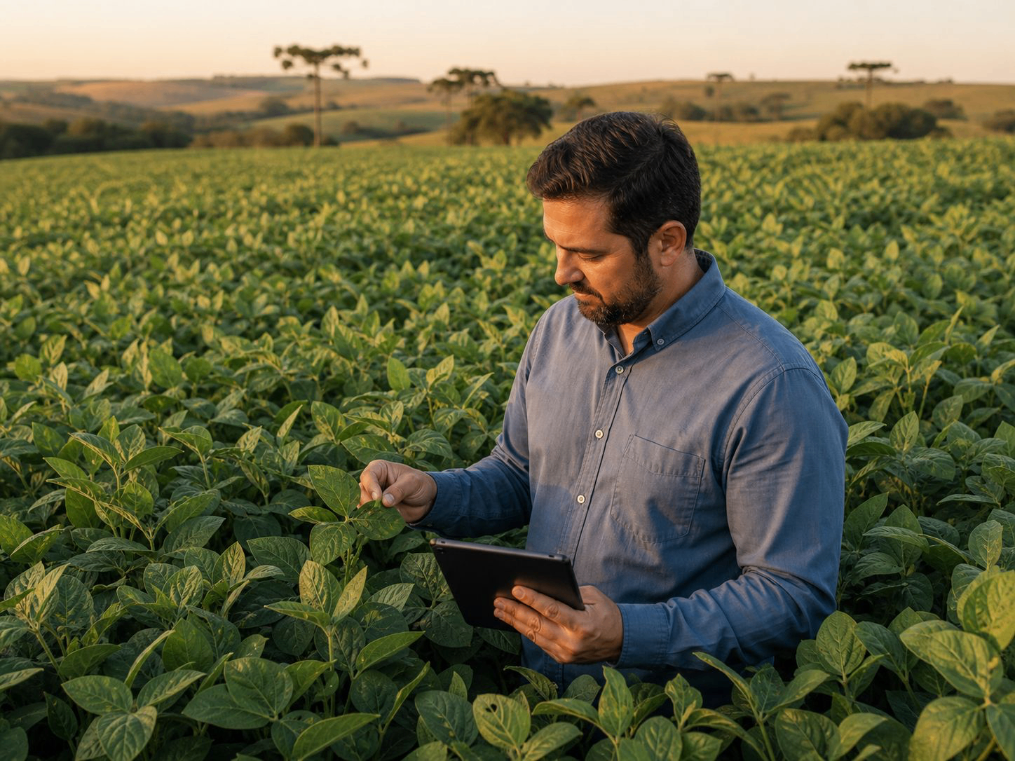 Consultor Invicta em lavoura de soja analisando dados em tablet
